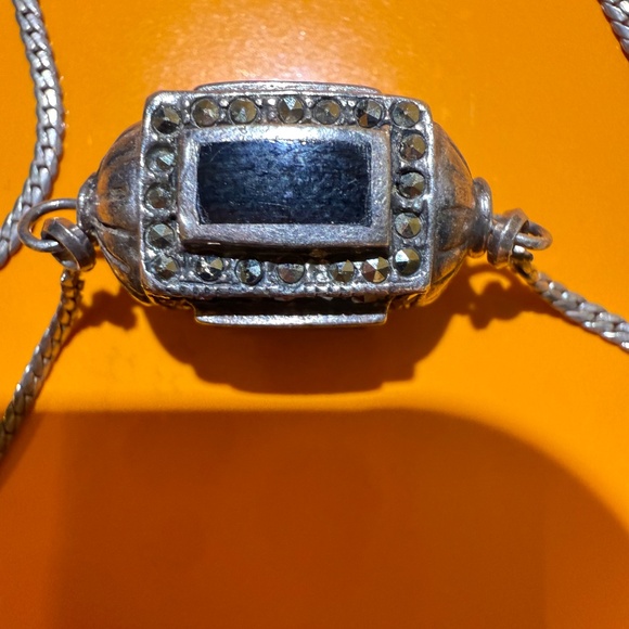 Vintage Sterling Silver Onyx Marcasite Cylinder Prayer Box Necklace 18” - Picture 7 of 12